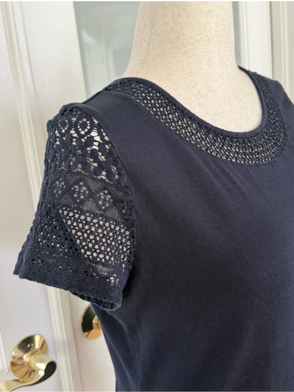 Women's Feminine Navy Crochet Sleeve Tee